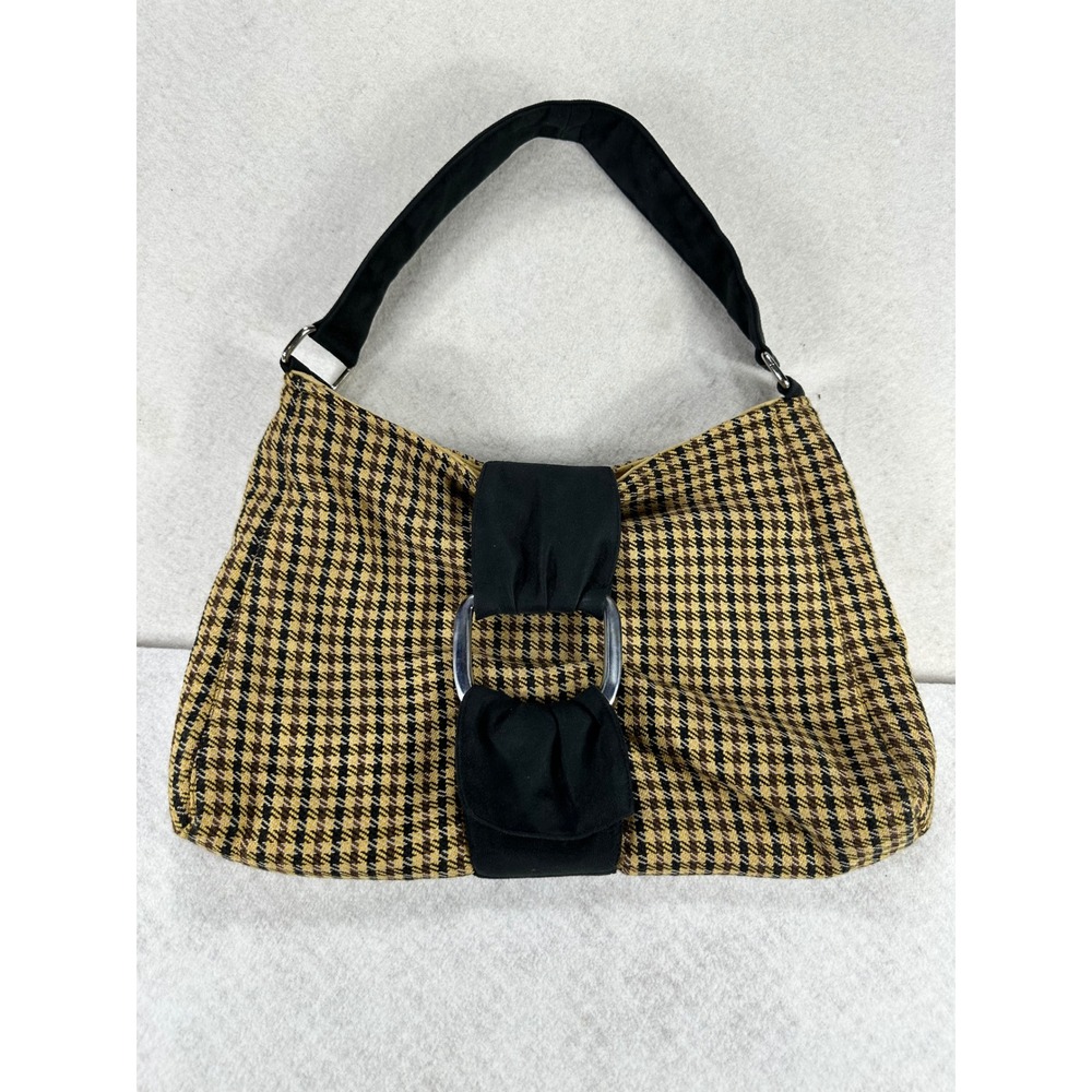 1154 Lill Studio Houndstooth Shoulder Bag Tan Black Buckle Hobo Purse